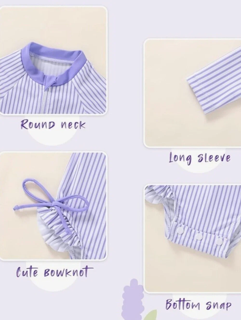 Lilac Striped Long-Sleeve Baby Rashguard Swim Set with Sun Hat. 6-9 Months. NWT.